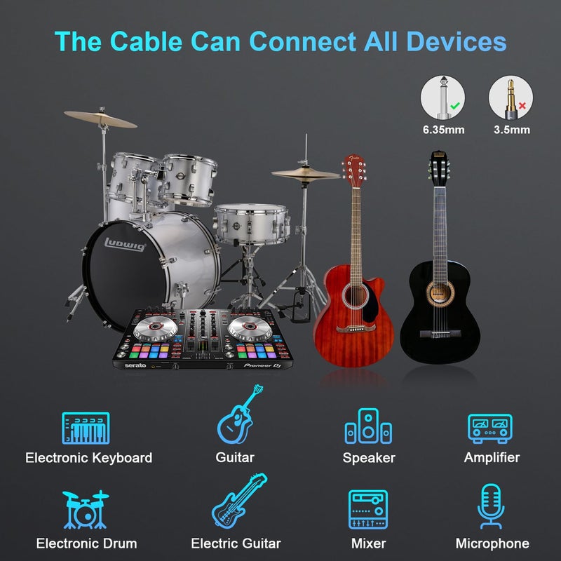 FIBBR Guitar Cable(10ft), Right Angle 1/4 Instrument Cable for Electric Bass Guitar, Electric Mandolin, Pro Audio - Image 5